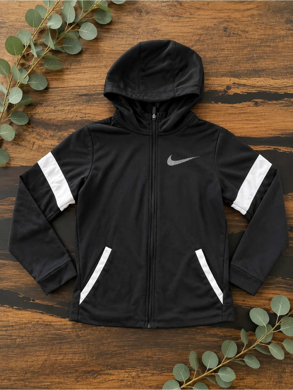 Nike Kids' Black Hooded Zip Jacket with White Accents XL
